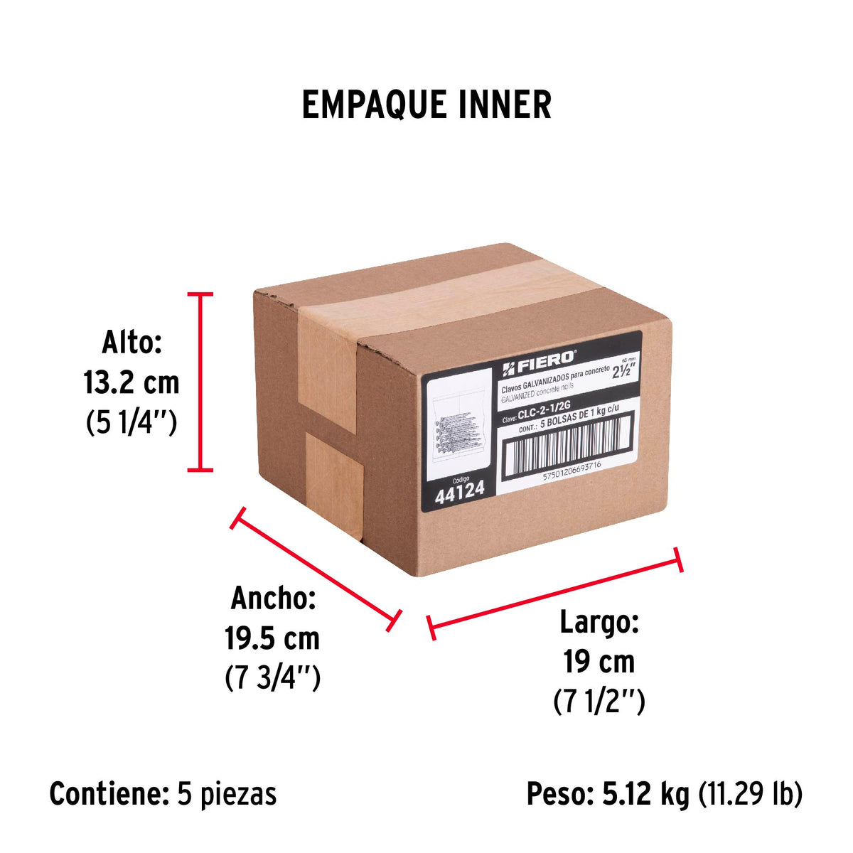 Clavo para concreto 2-1/2", galvanizado, caja de 1 kg