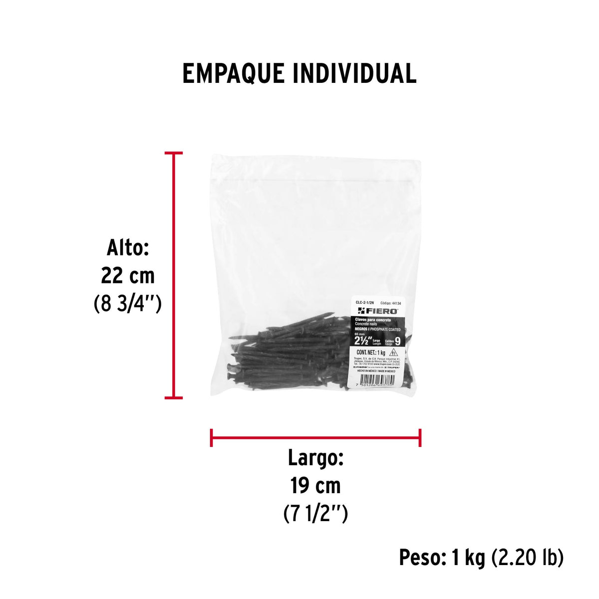Clavos para concreto, 2-1/2", negros, bolsa de 1 kg