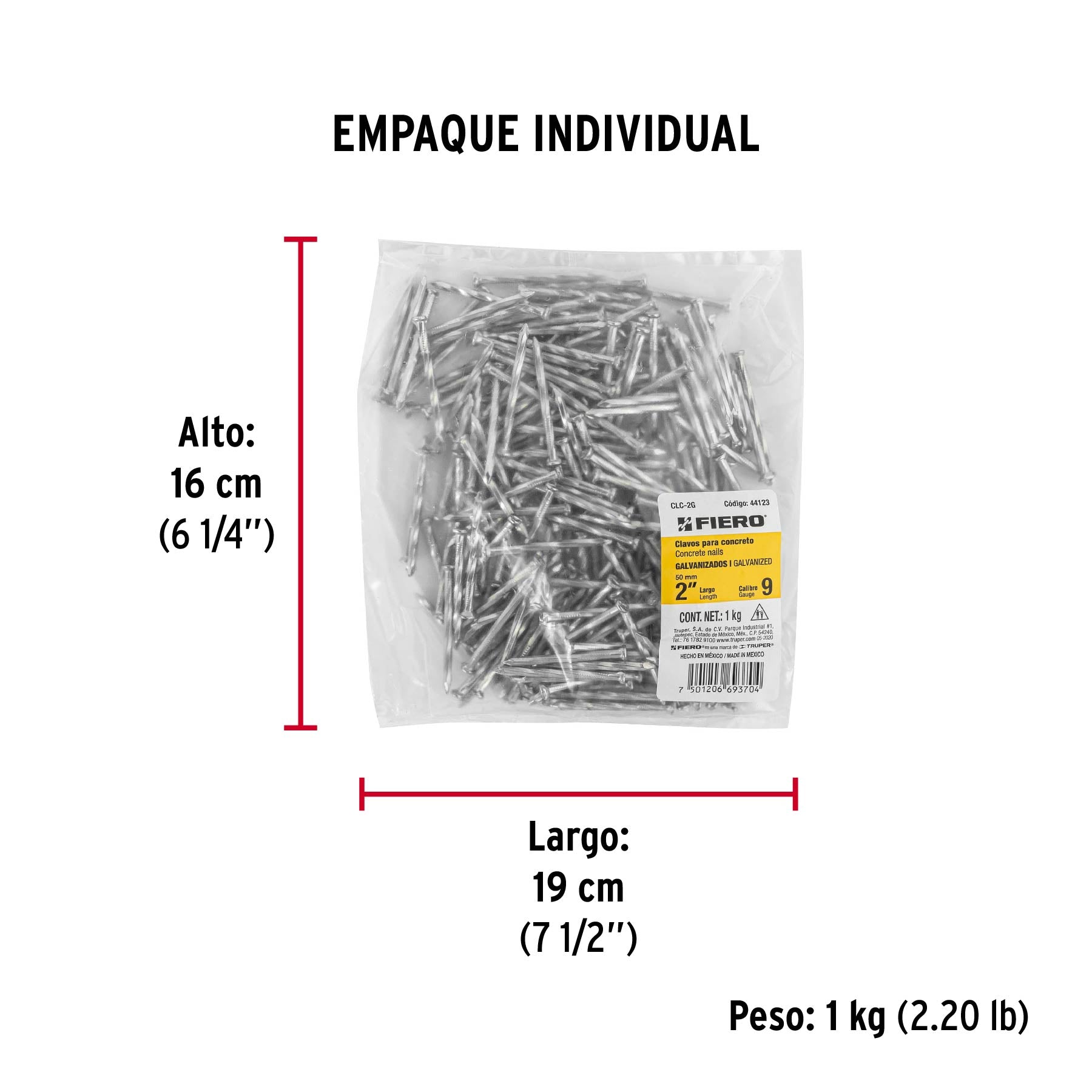 Clavo para concreto 2", galvanizado, caja de 1 kg
