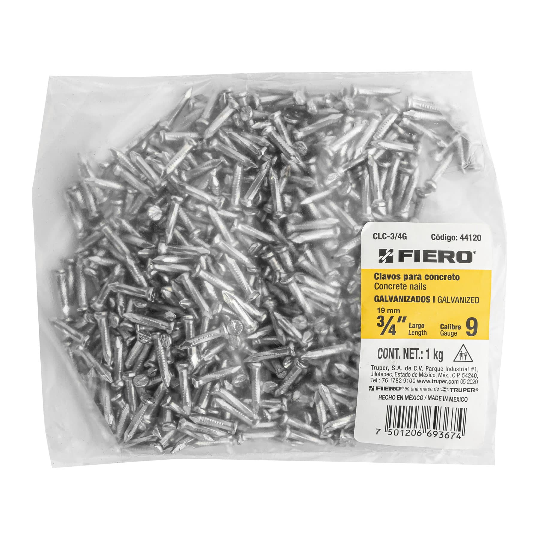 Clavo para concreto 3/4", galvanizado, caja de 1 kg
