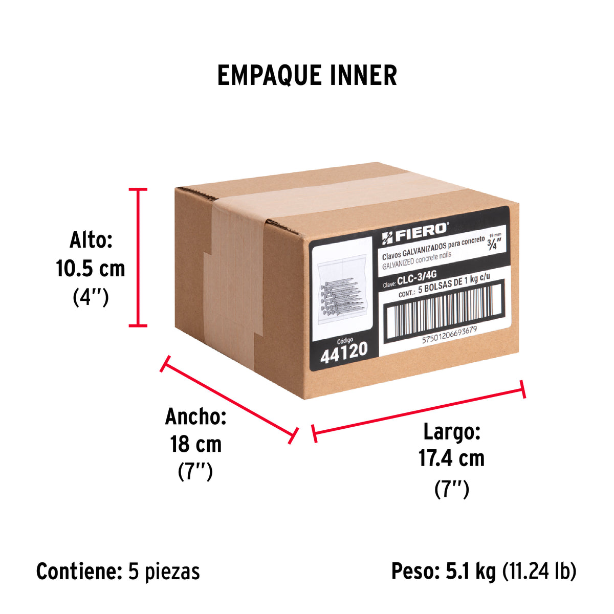 Clavo para concreto 3/4", galvanizado, caja de 1 kg