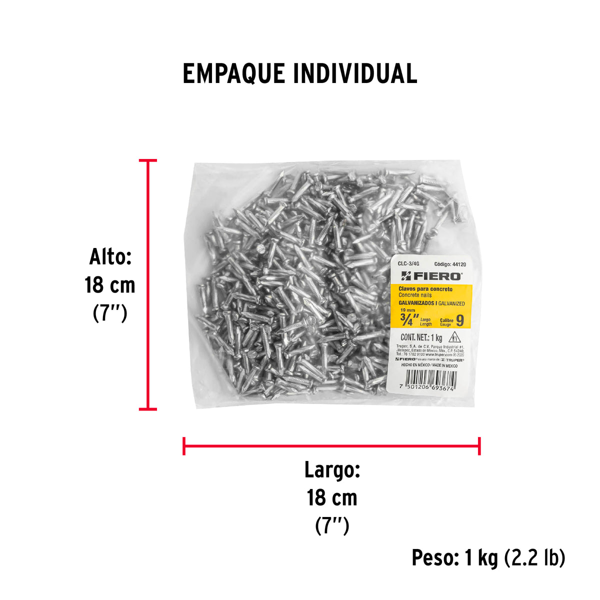 Clavo para concreto 3/4", galvanizado, caja de 1 kg