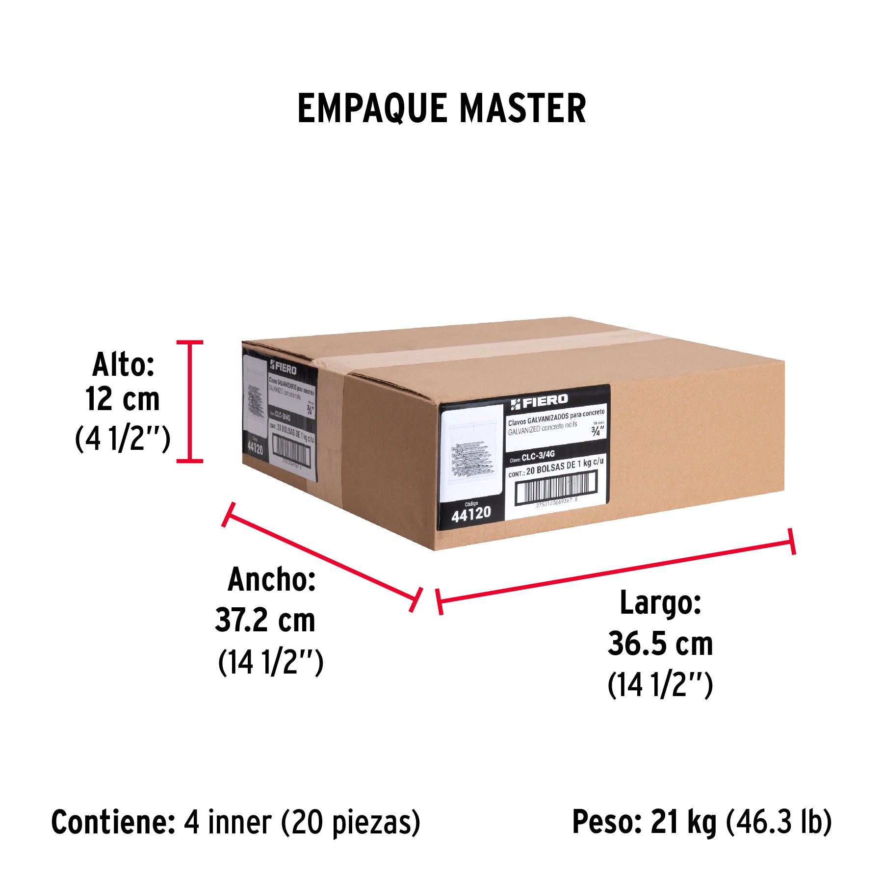 Clavo para concreto 3/4", galvanizado, caja de 1 kg
