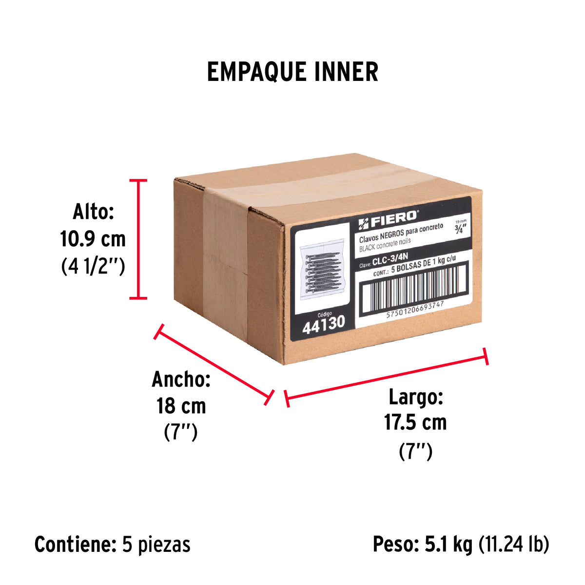 Clavos para concreto, 3/4", negros, bolsa de 1 kg