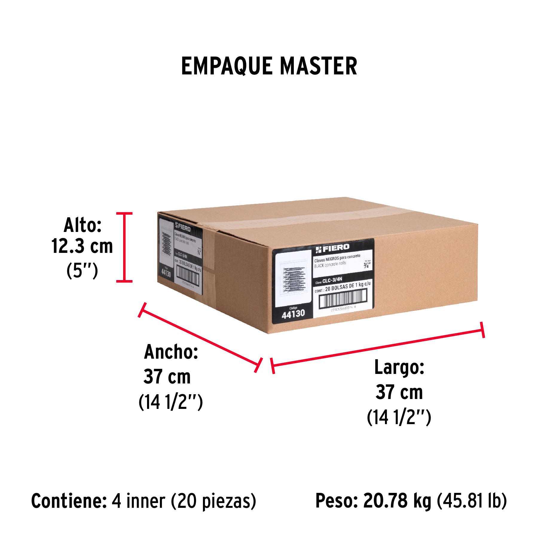 Clavos para concreto, 3/4", negros, bolsa de 1 kg