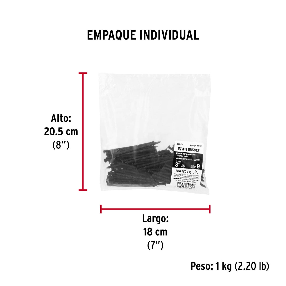 Clavos para concreto, 3", negros, bolsa de 1 kg