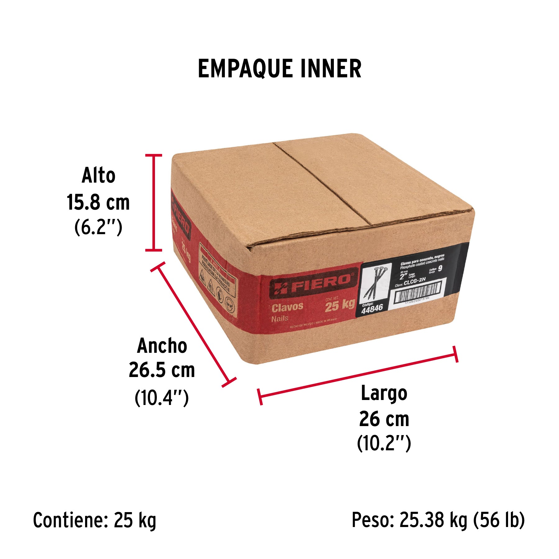 Clavo para concreto, a granel, 2", negro, caja de 25 kg