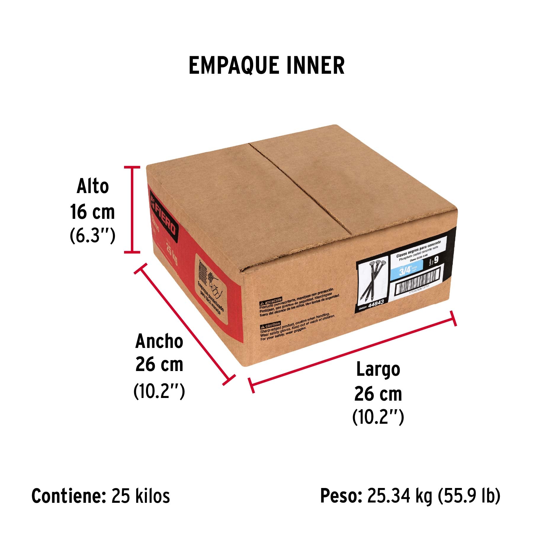 Clavo para concreto, a granel, 3/4", negro, caja de 25 kg