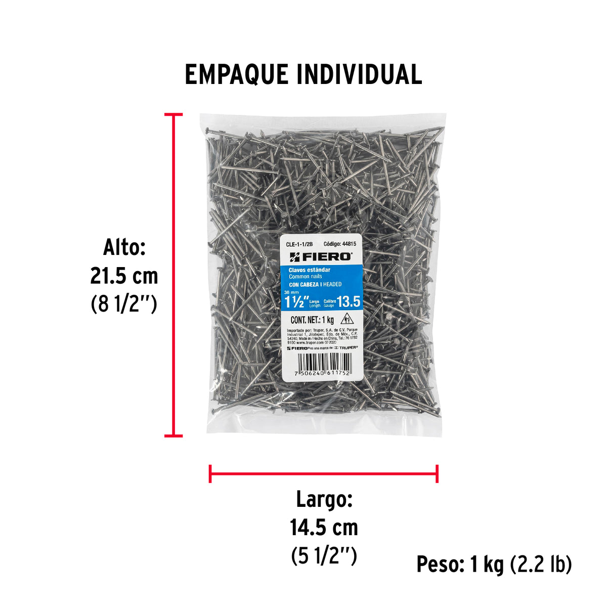 Clavo 1-1/2", con cabeza, bolsa de 1 kg