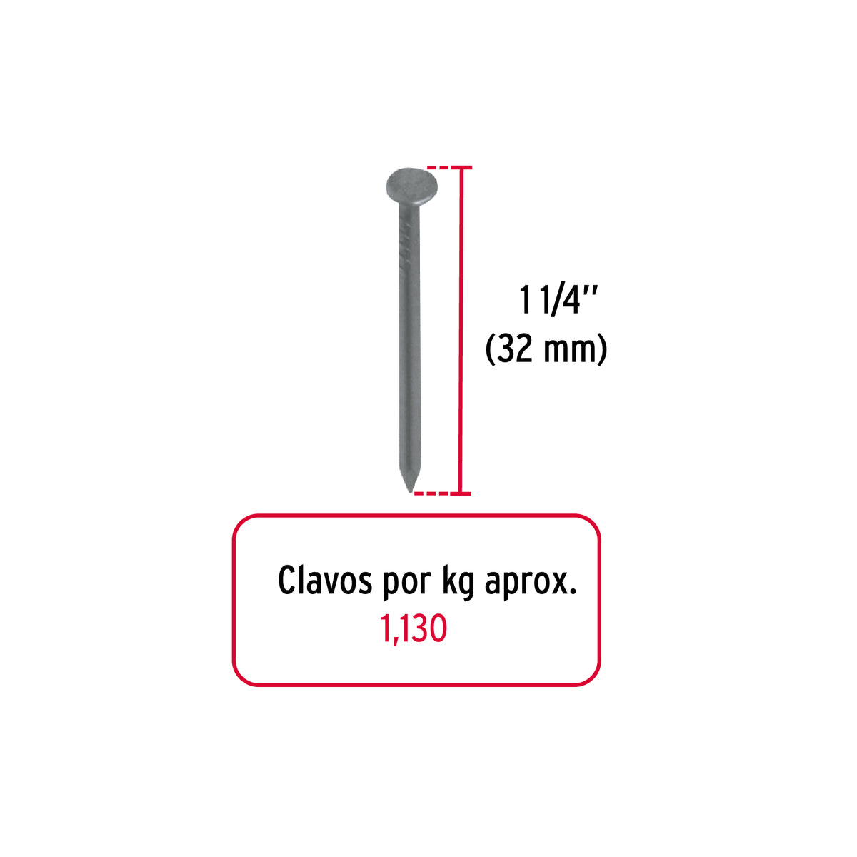 Clavo estandard, 1-1/4", con cabeza, caja de 25 kg