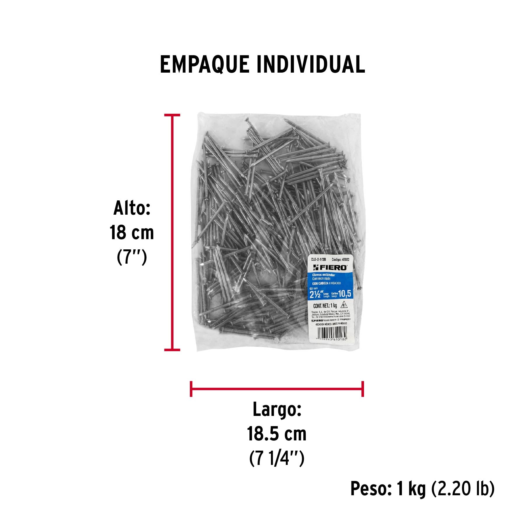 Clavo estandard, 2-1/2", con cabeza, bolsa de 1 kg