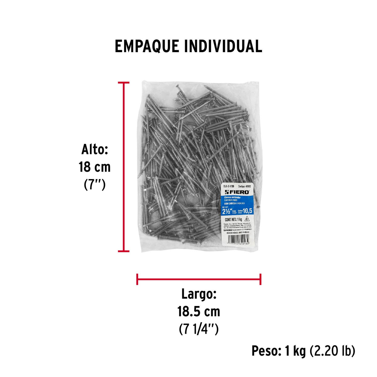 Clavo estandard, 2-1/2", con cabeza, bolsa de 1 kg