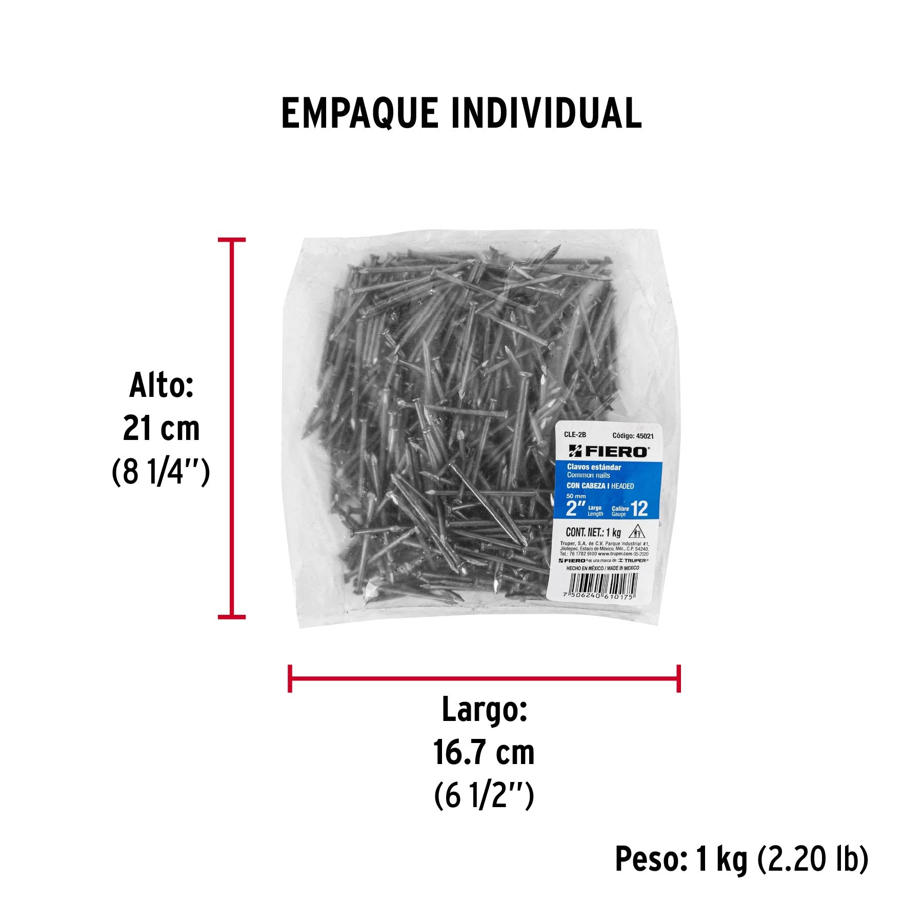 Clavo estandard, 2", con cabeza, bolsa de 1 kg