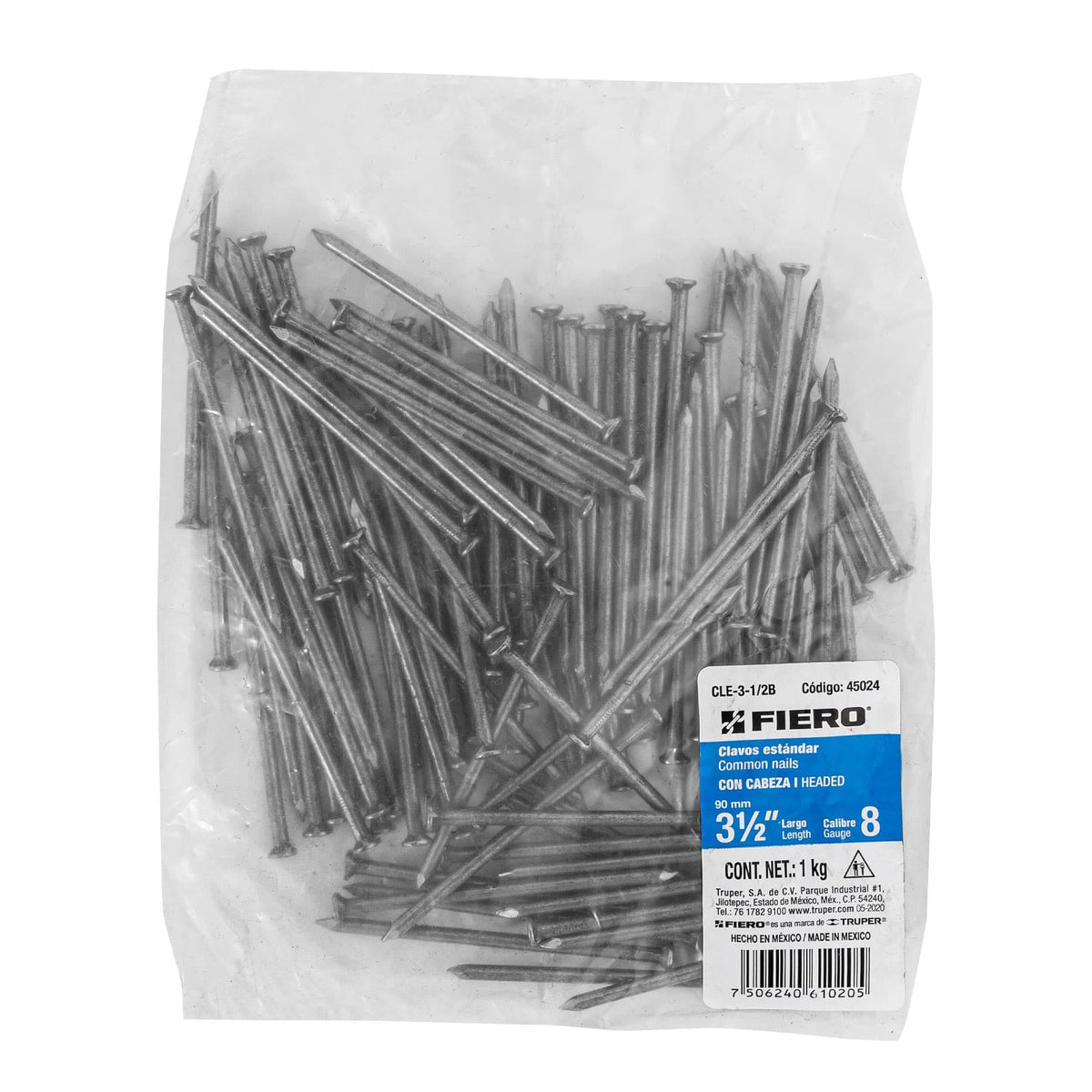 Clavo estandard, 3-1/2", con cabeza, bolsa de 1 kg