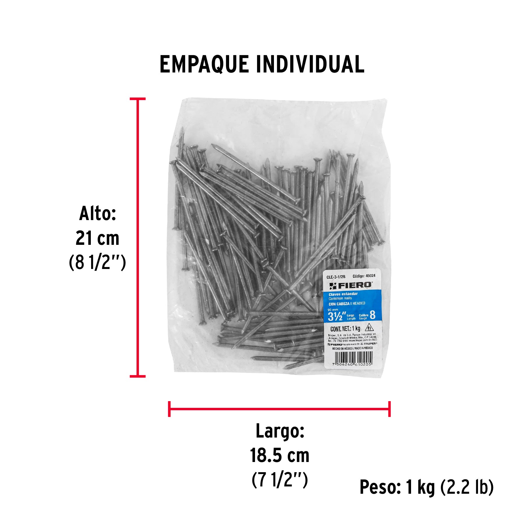 Clavo estandard, 3-1/2", con cabeza, bolsa de 1 kg