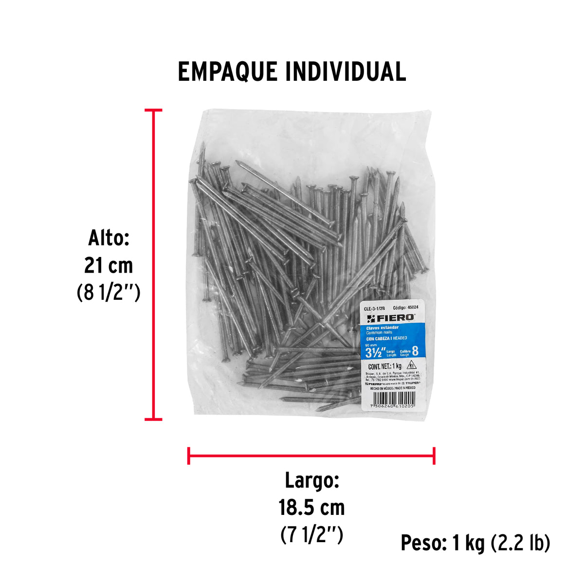 Clavo estandard, 3-1/2", con cabeza, bolsa de 1 kg