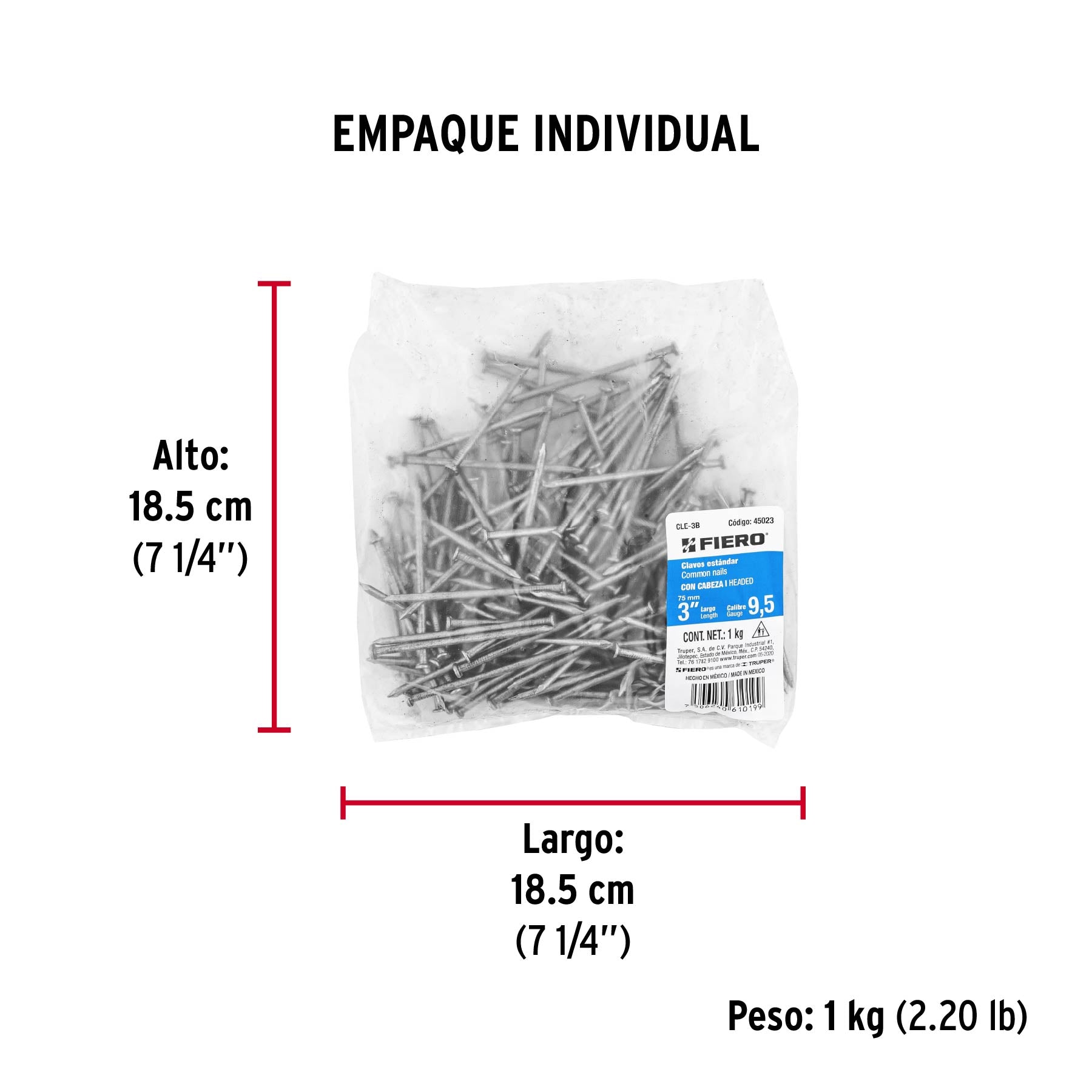 Clavo estandard, 3", con cabeza, bolsa de 1 kg