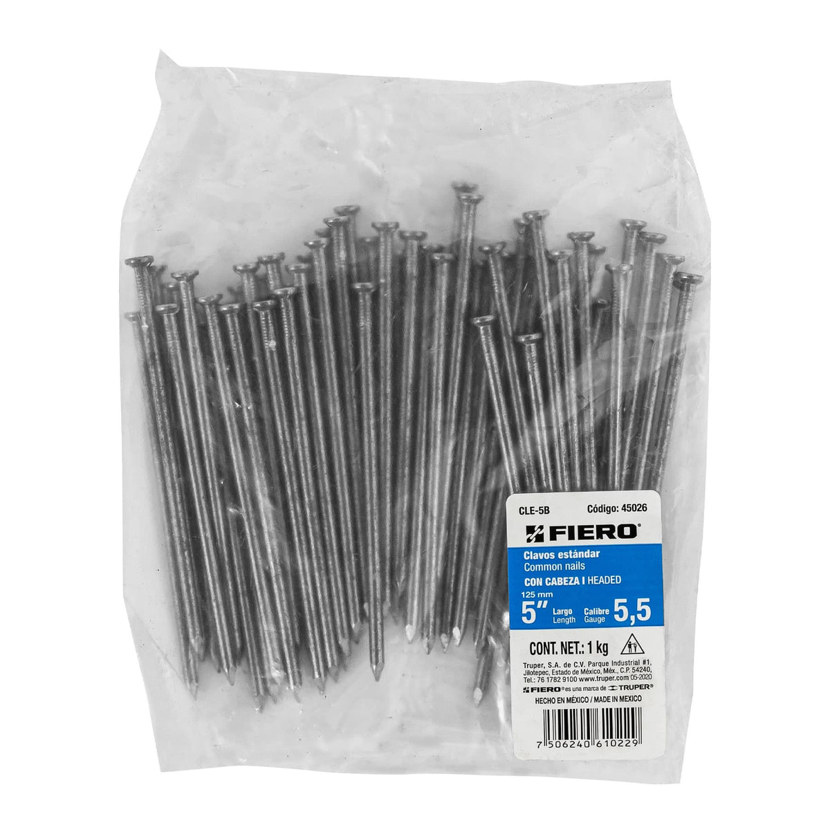 Clavo estandard, 5", con cabeza, bolsa de 1 kg