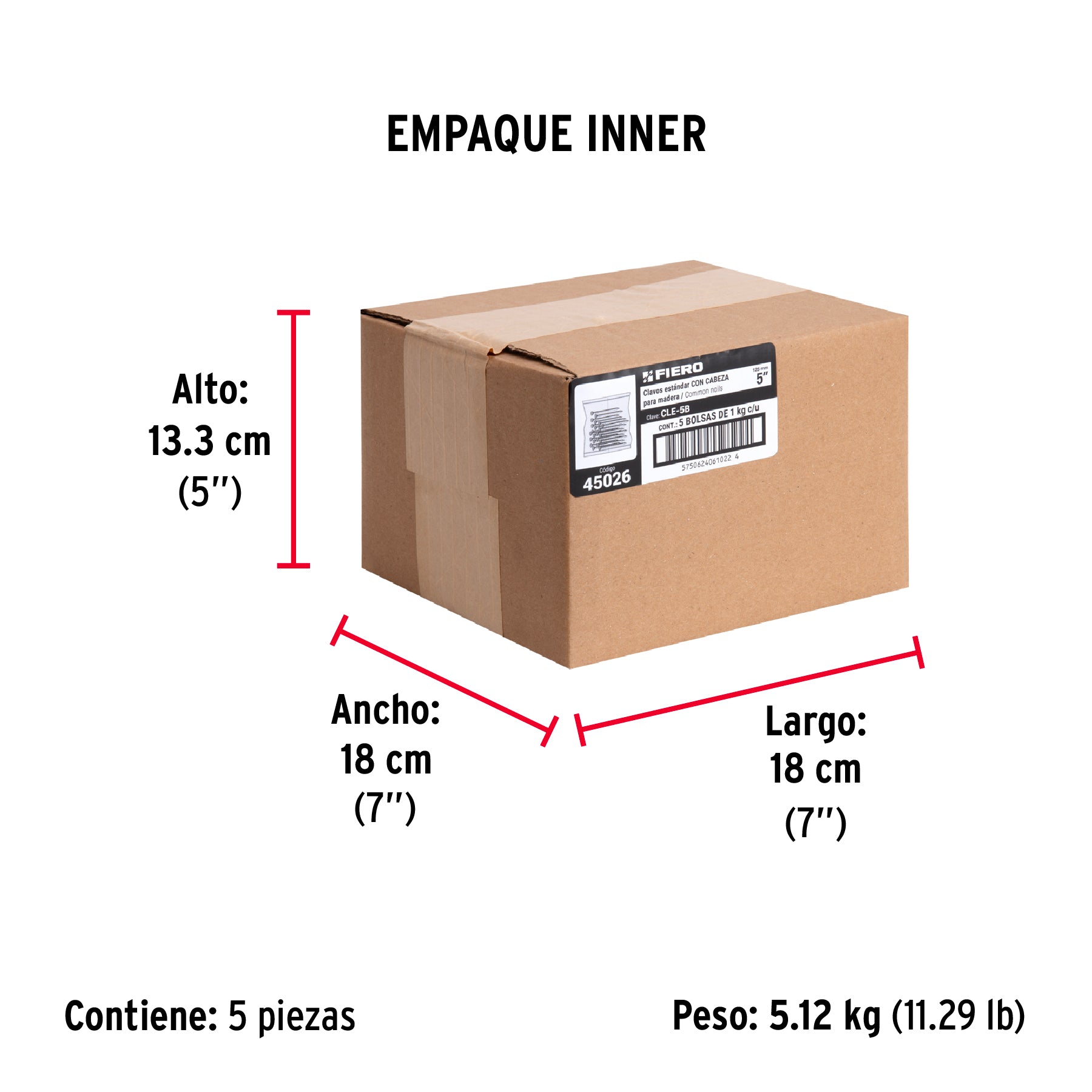 Clavo estandard, 5", con cabeza, bolsa de 1 kg