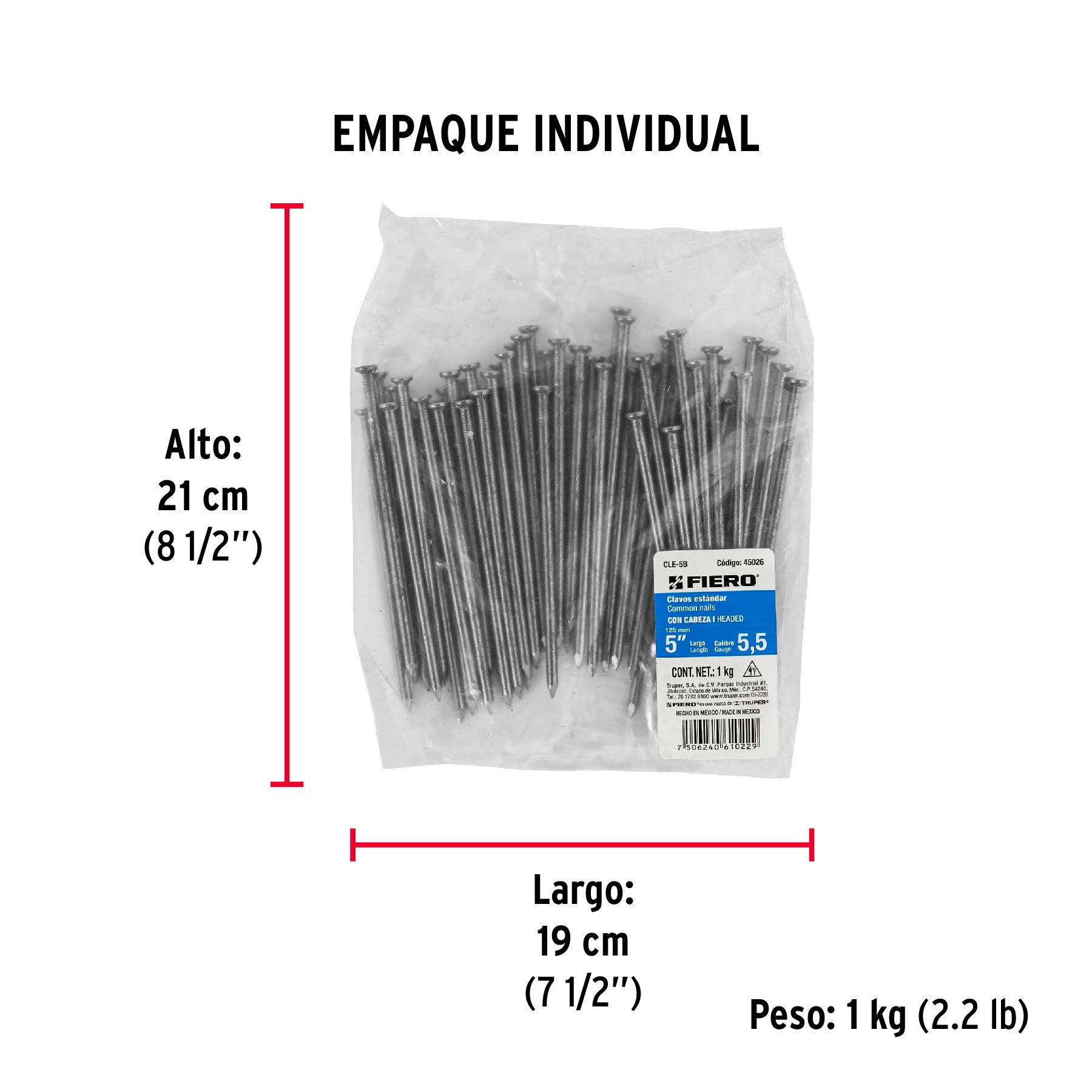 Clavo estandard, 5", con cabeza, bolsa de 1 kg