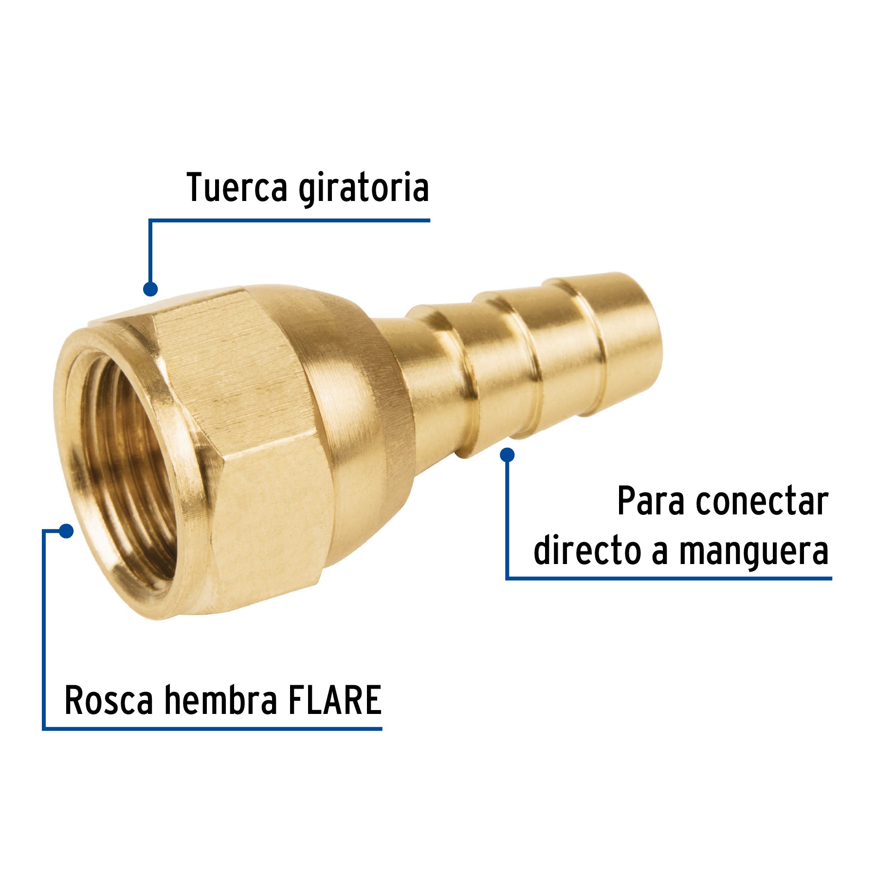 Cople espiga con tuerca giratoria (tuerca loca), latón, 3/8"