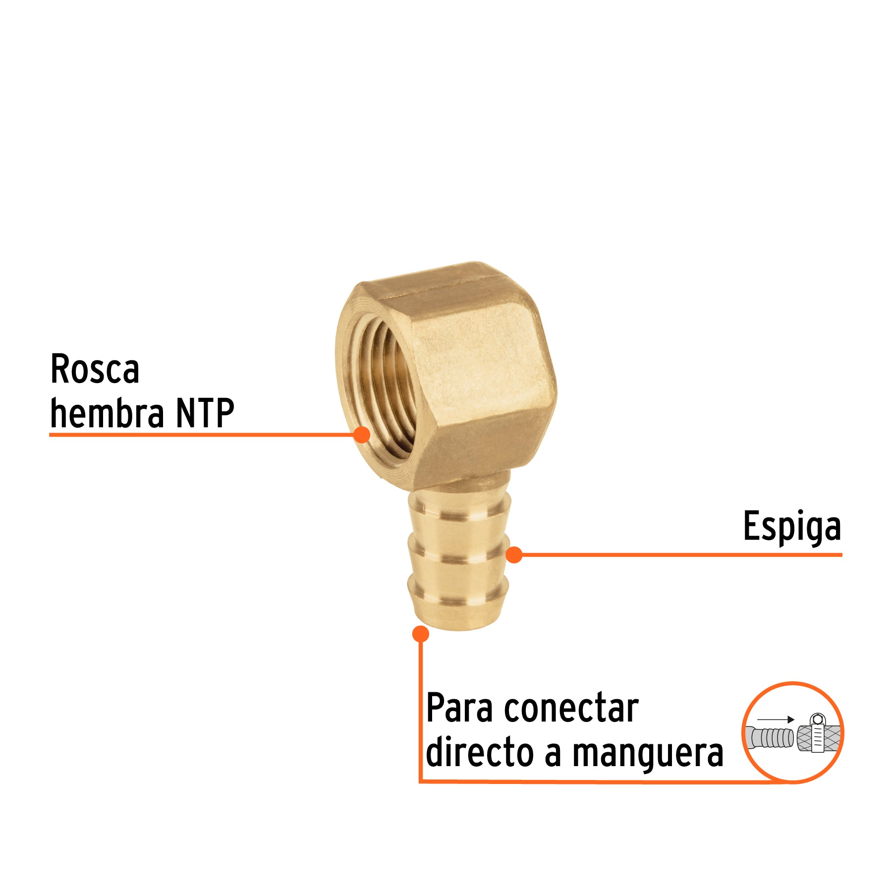 Codo estufa a 90° de latón con espiga de 3/8', Foset