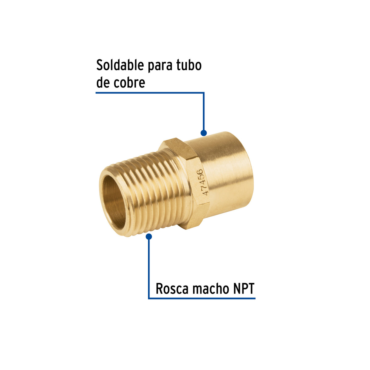Conector de latón, NPT soldable,1/2" X 3/8"