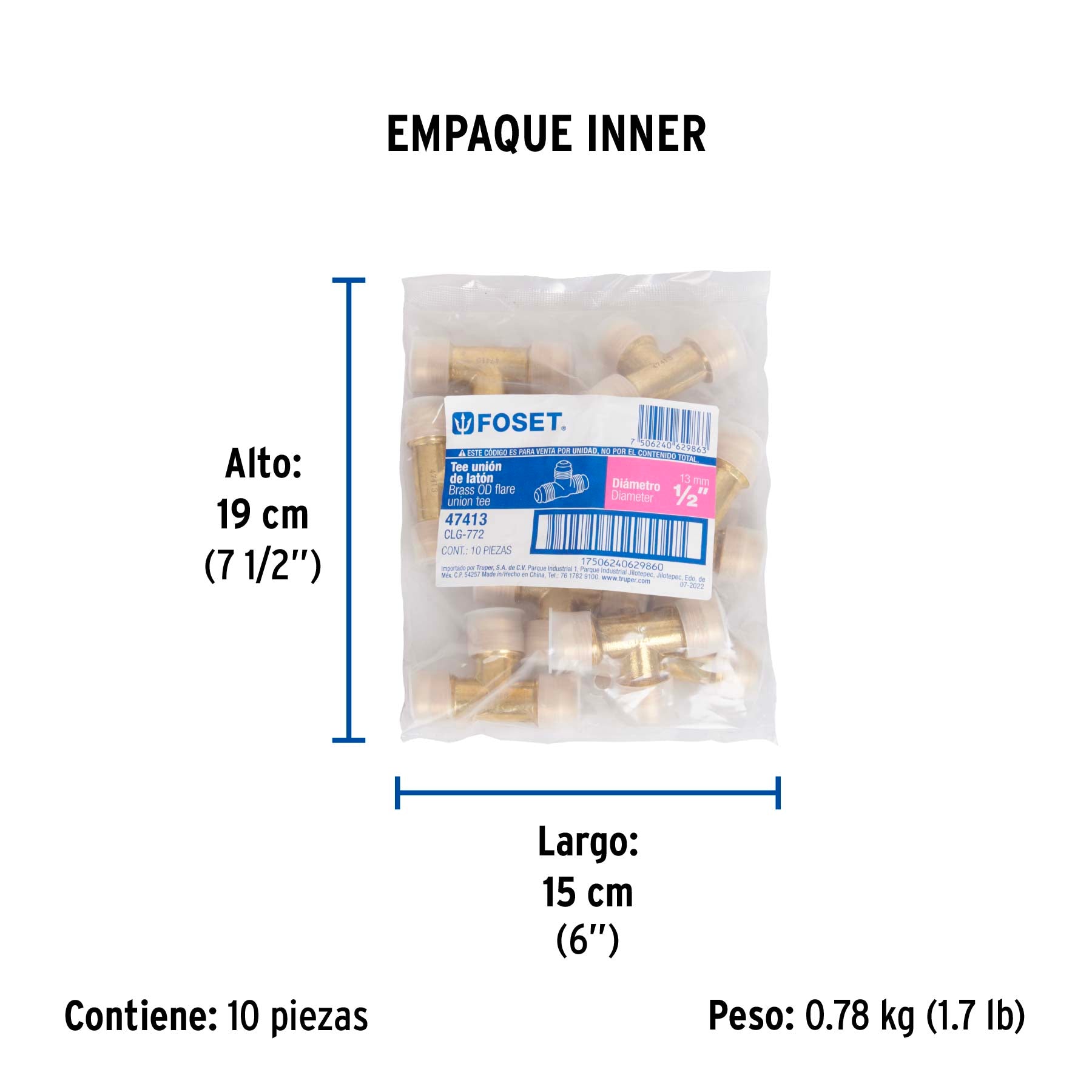 Tee unión de latón, 1/2"