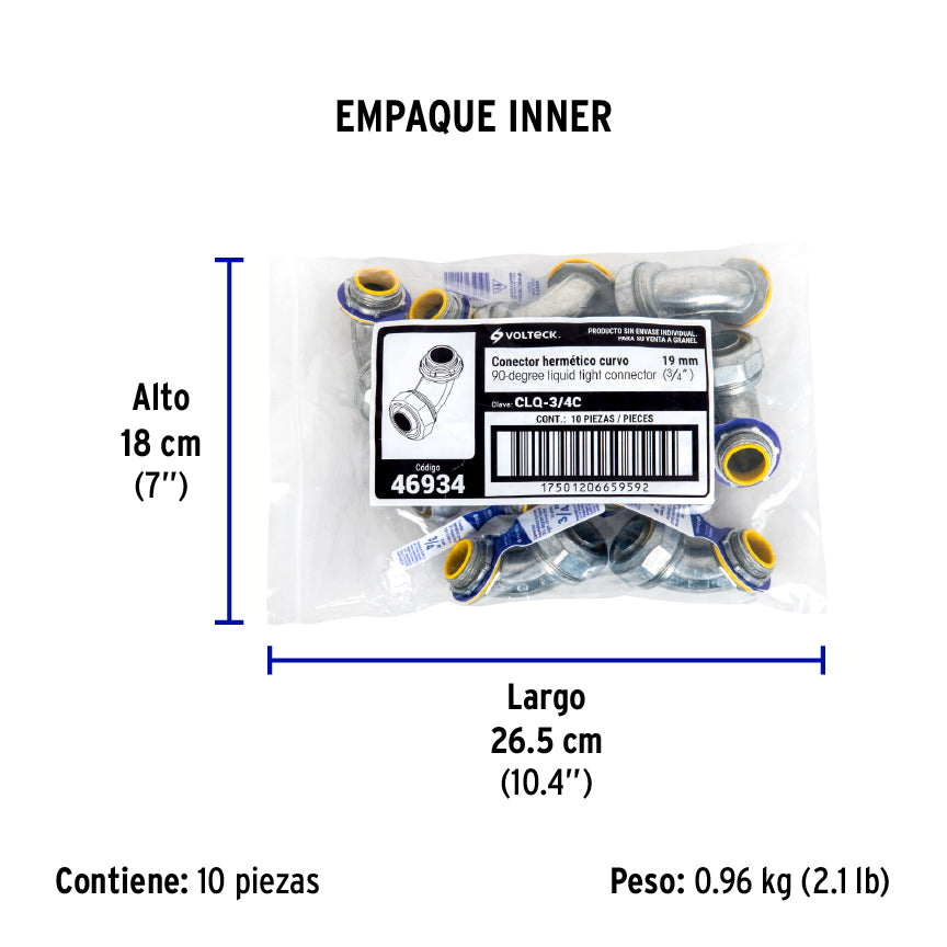 Conector liquid tight 3/4" curvo, Volteck