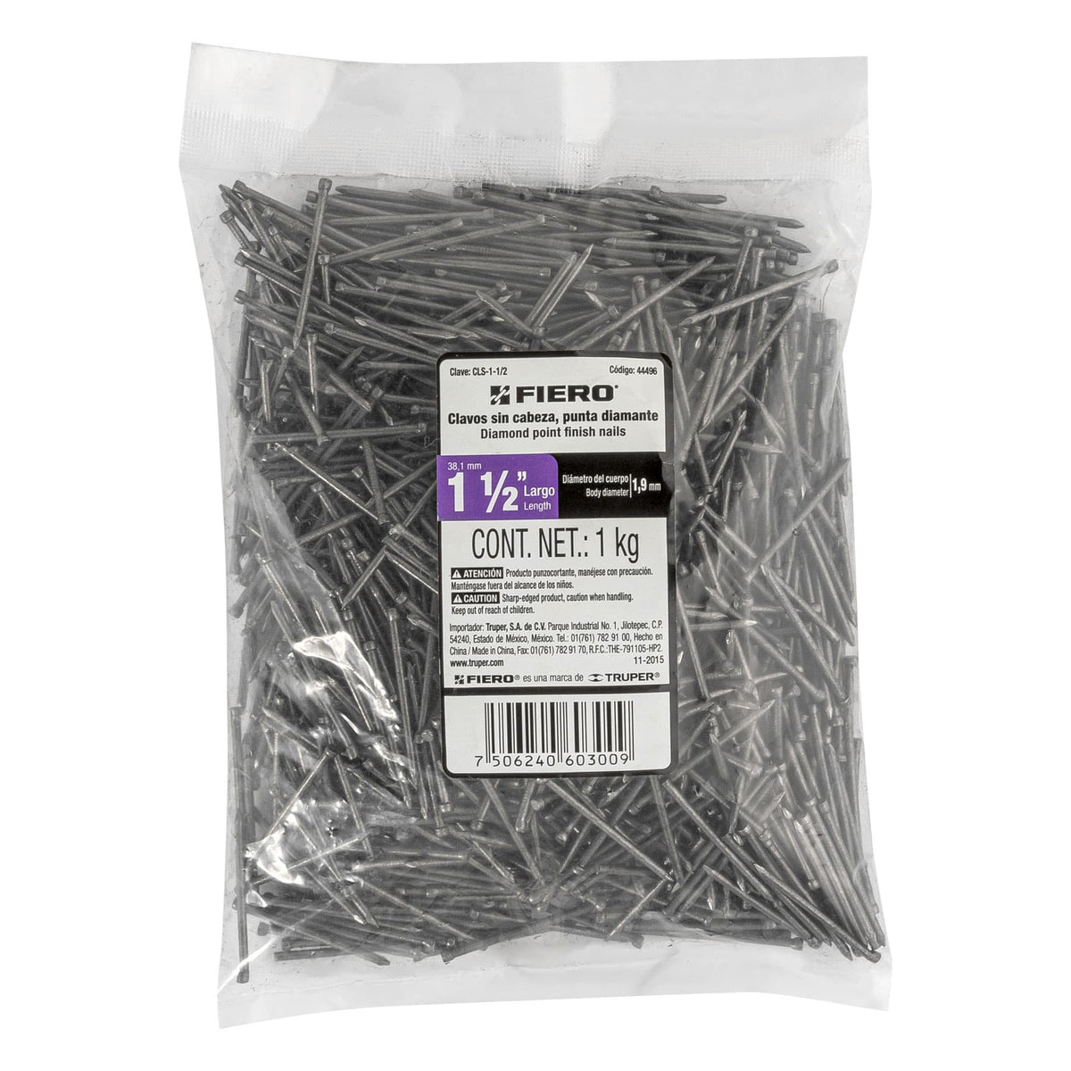 Clavo sin cabeza, 1-1/2", bolsa de 1 kg