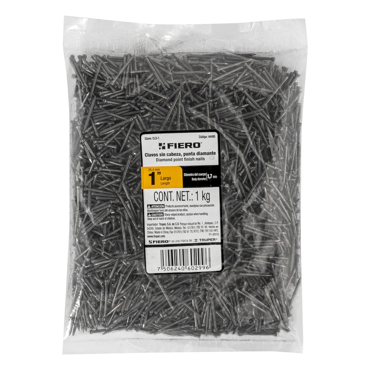 Clavo sin cabeza, 1", bolsa de 1 kg