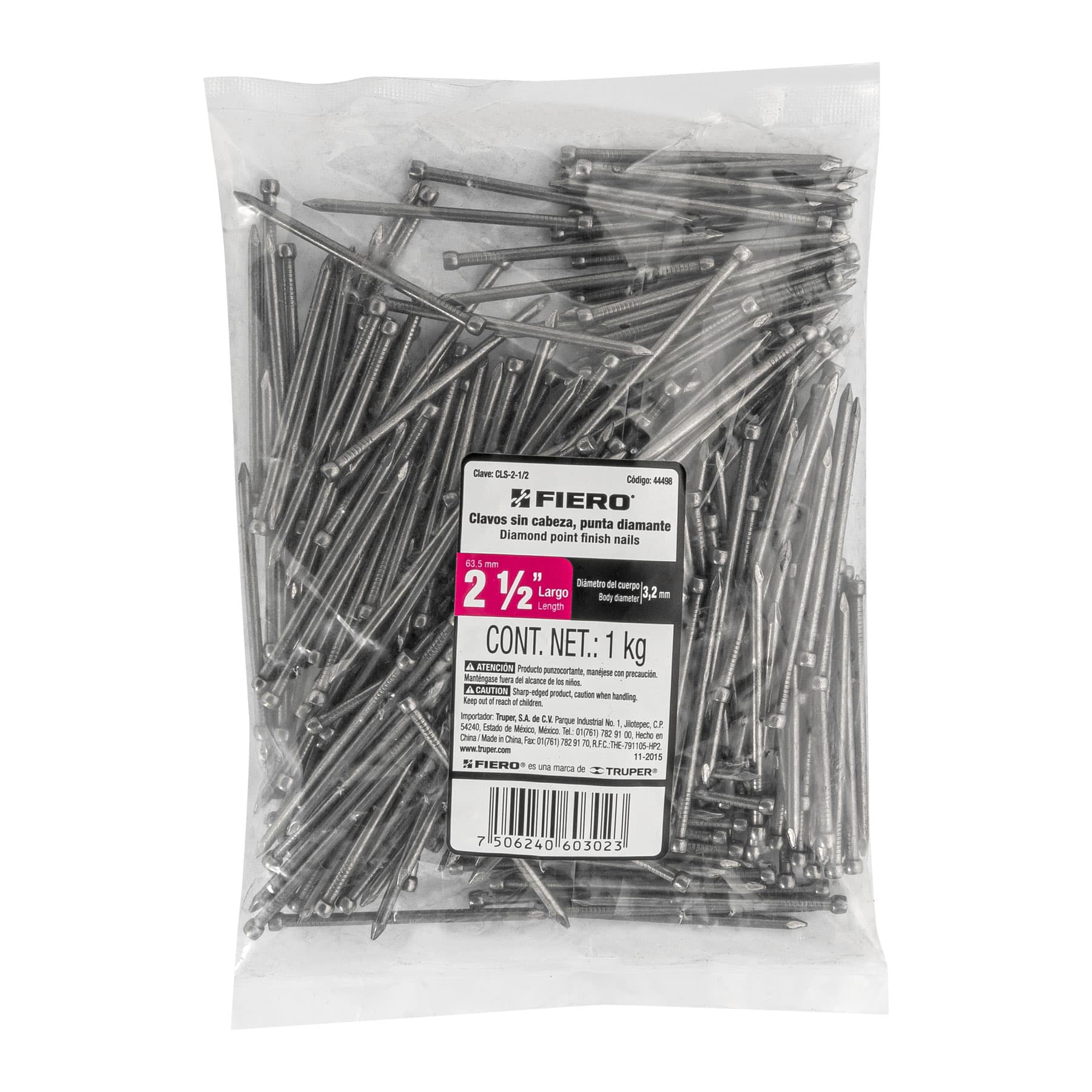 Clavo sin cabeza, 2-1/2", bolsa de 1 kg