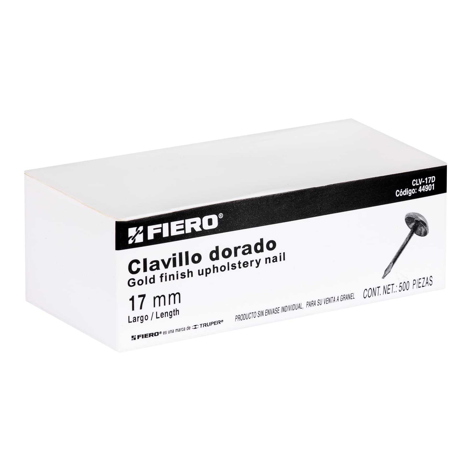 Clavillo dorado, 17 mm, caja con 500 piezas