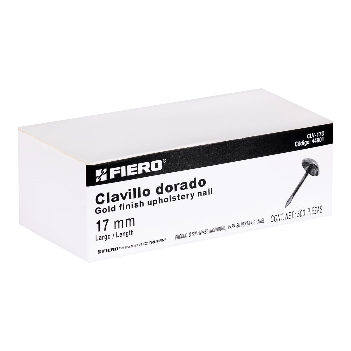 Clavillo dorado, 17 mm, caja con 500 piezas