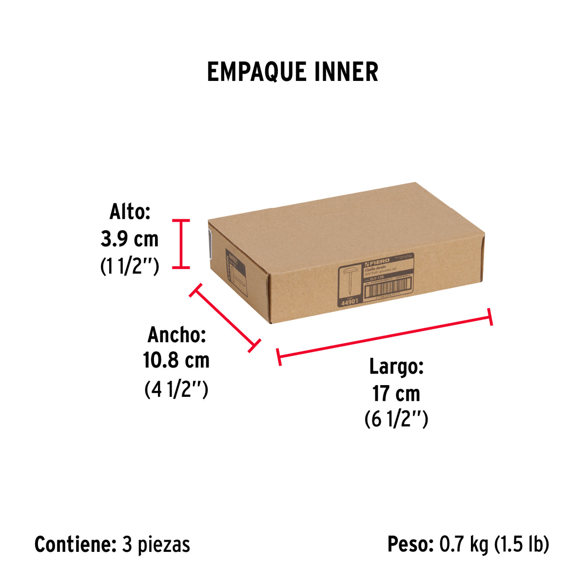 Clavillo dorado, 17 mm, caja con 500 piezas