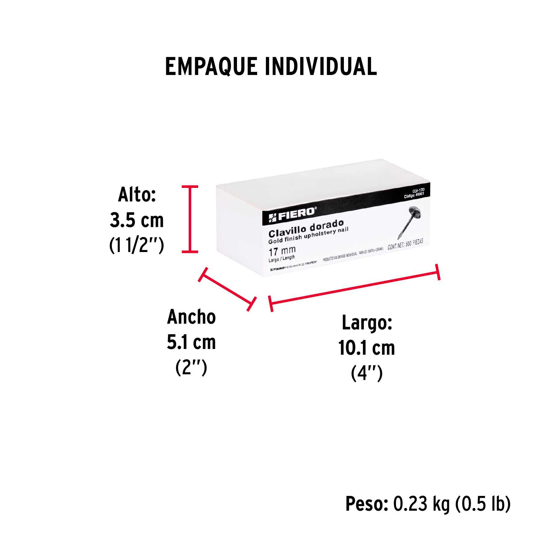 Clavillo dorado, 17 mm, caja con 500 piezas