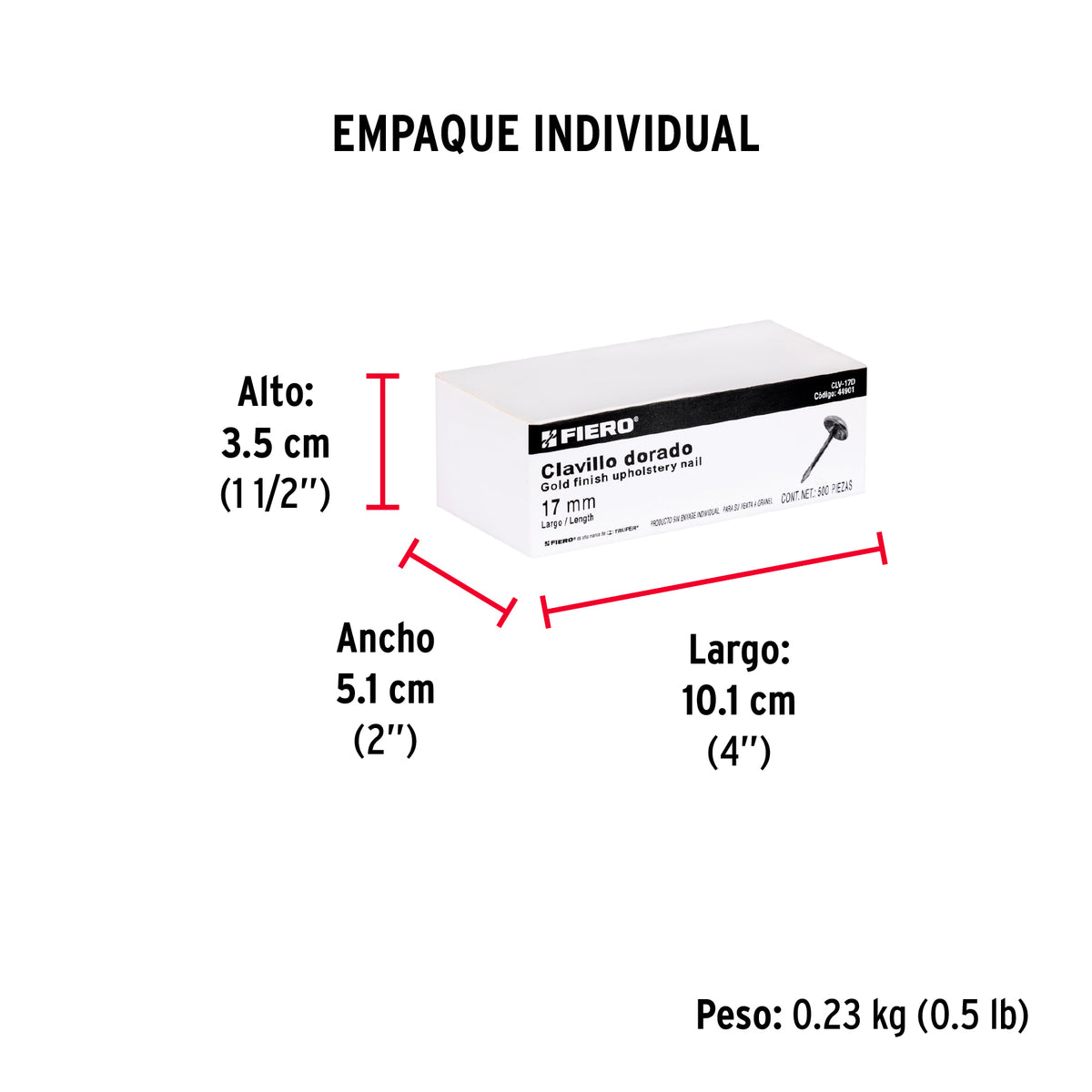 Clavillo dorado, 17 mm, caja con 500 piezas