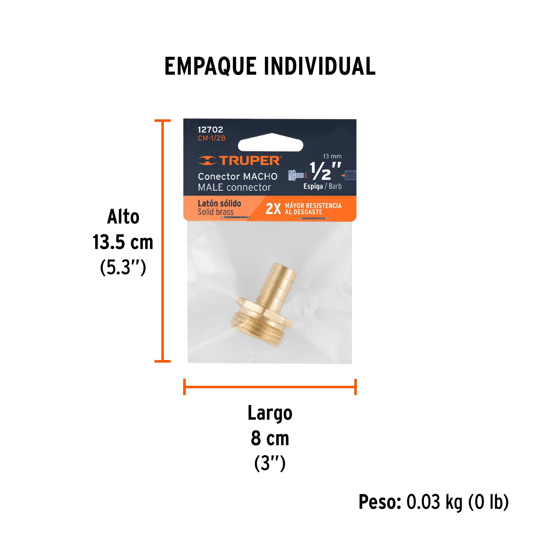 Conector sencillo 1/2", macho, de latón maquinado