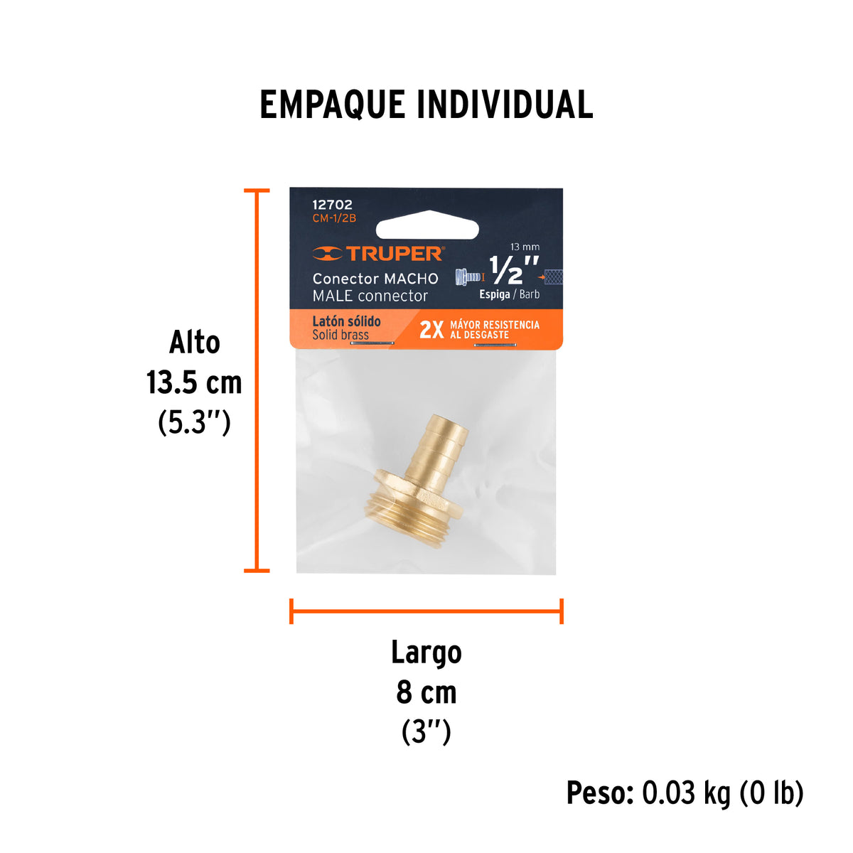 Conector sencillo 1/2", macho, de latón maquinado