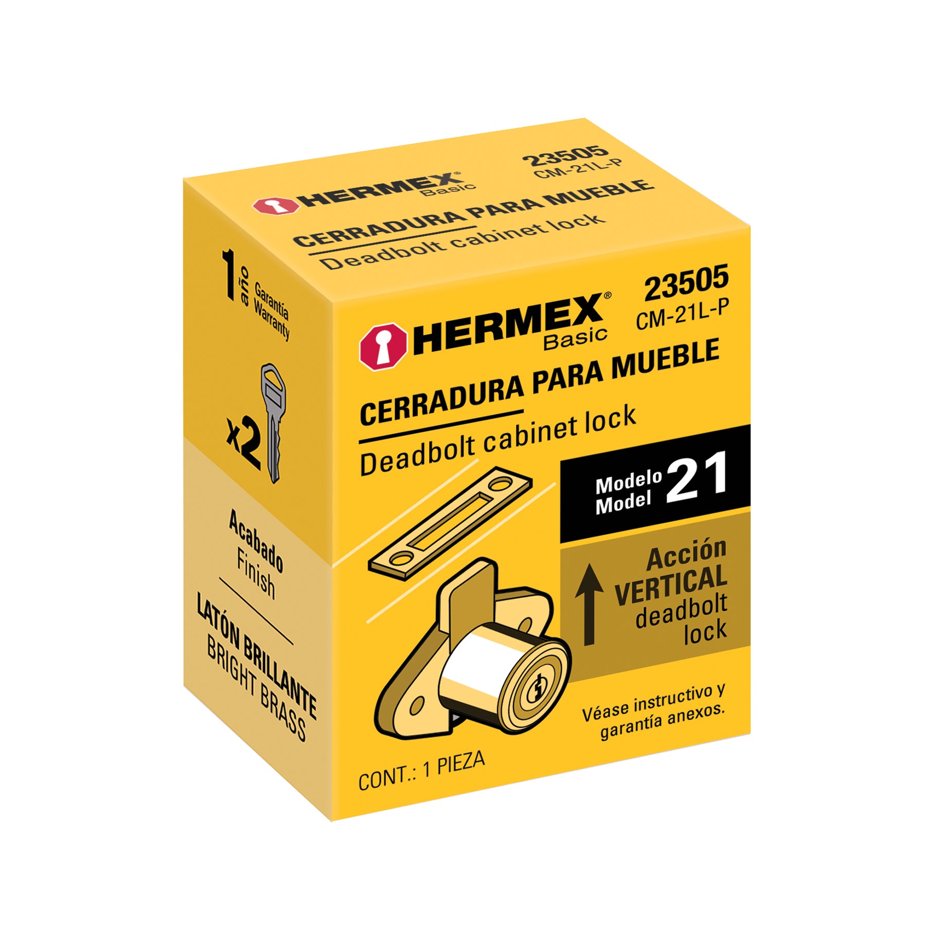 Cerradura para mueble, modelo 21, latón, Hermex Basic