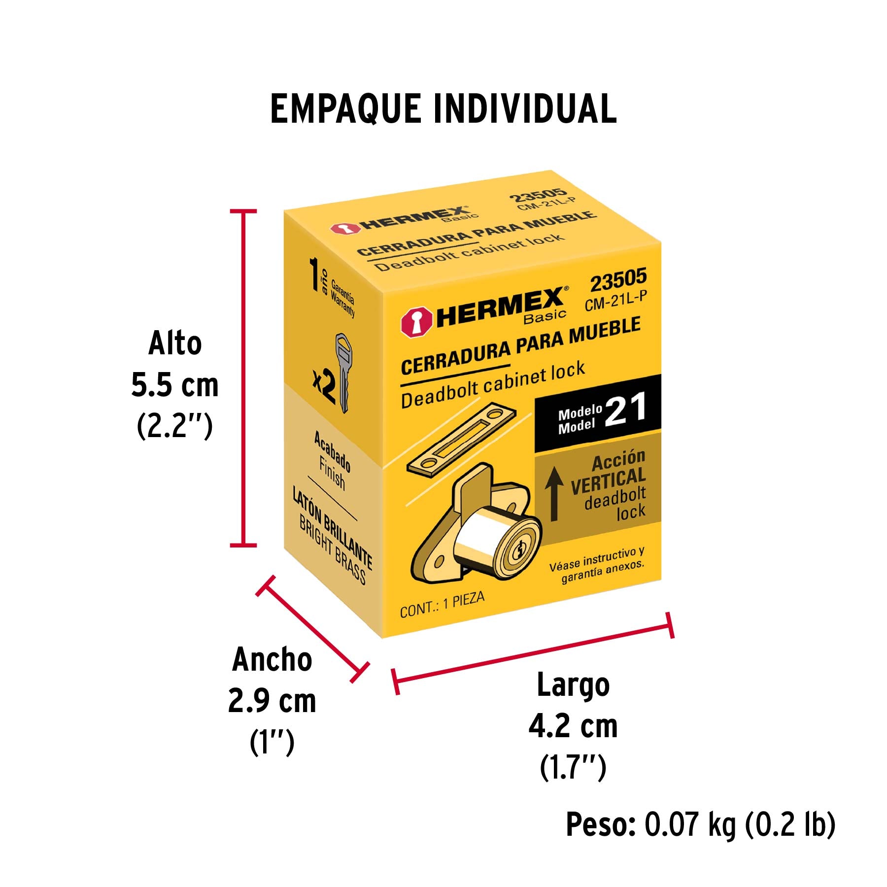 Cerradura para mueble, modelo 21, latón, Hermex Basic