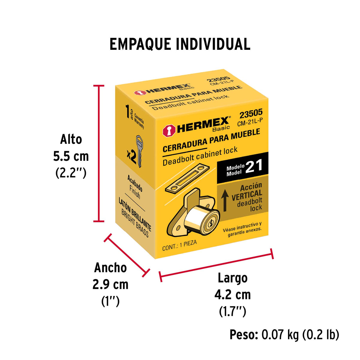 Cerradura para mueble, modelo 21, latón, Hermex Basic