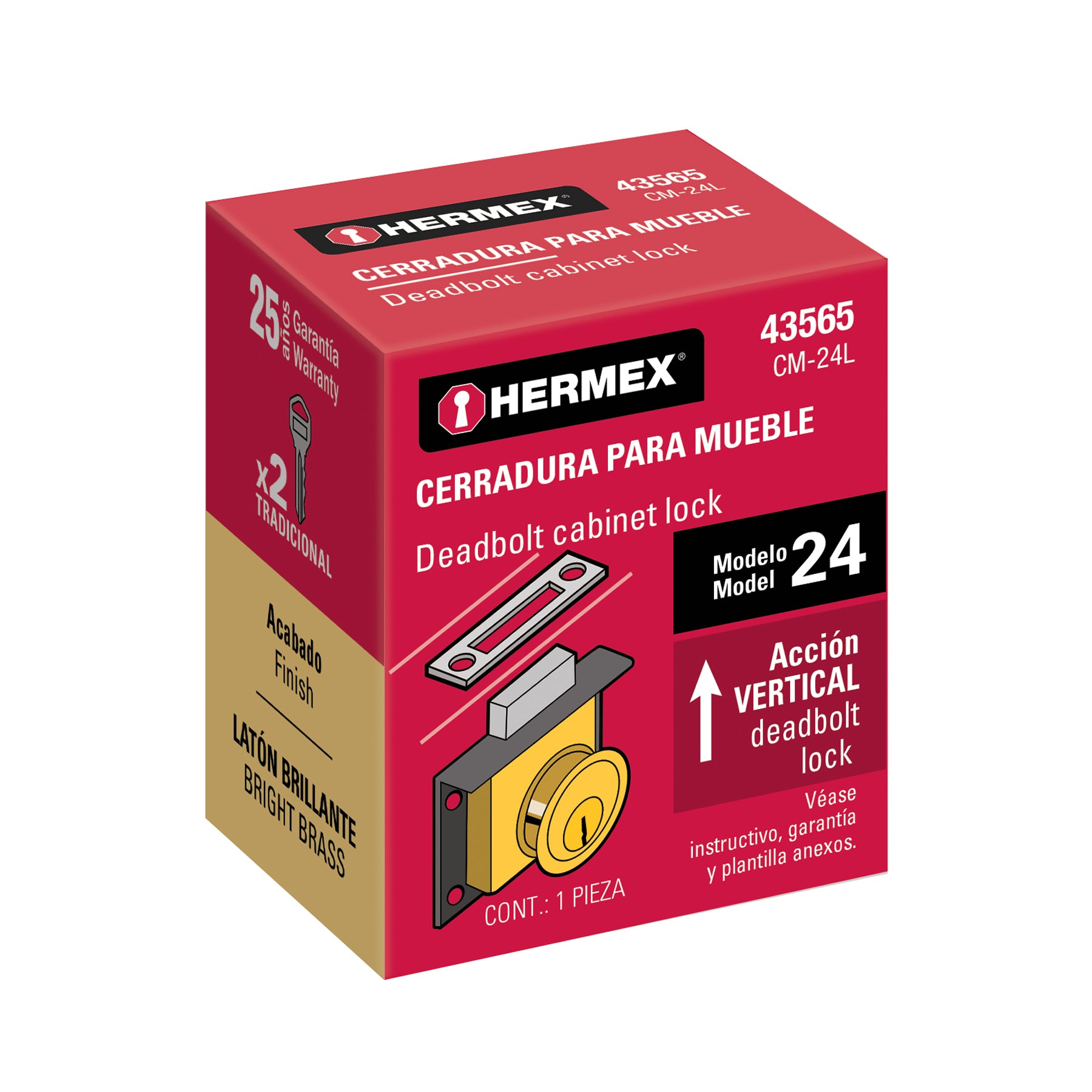 Cerradura para mueble, modelo 24, latón
