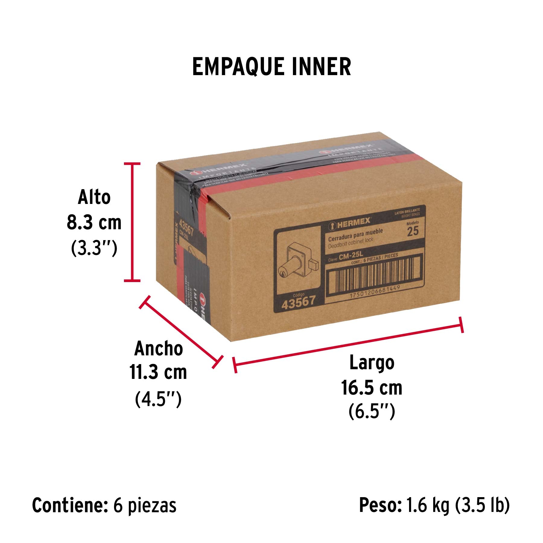 Cerradura para mueble, modelo 25, latón