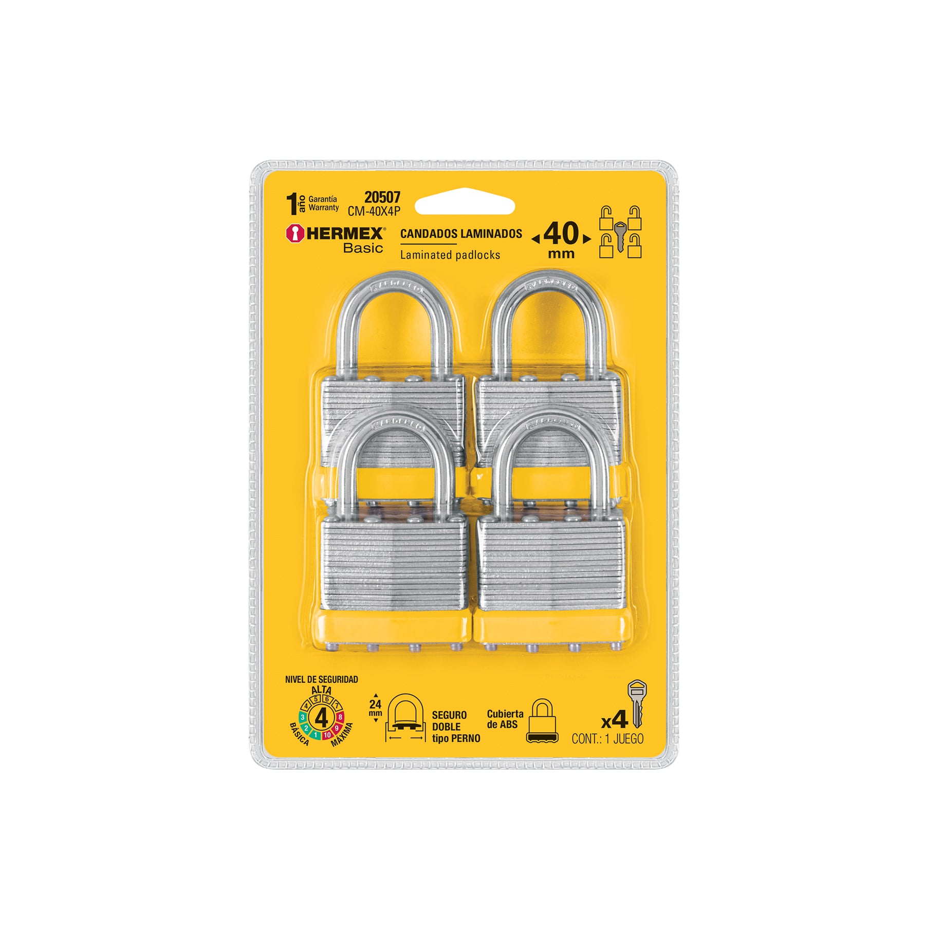 Candados laminados, 40mm, blister 4 piezas, Hermex Basic