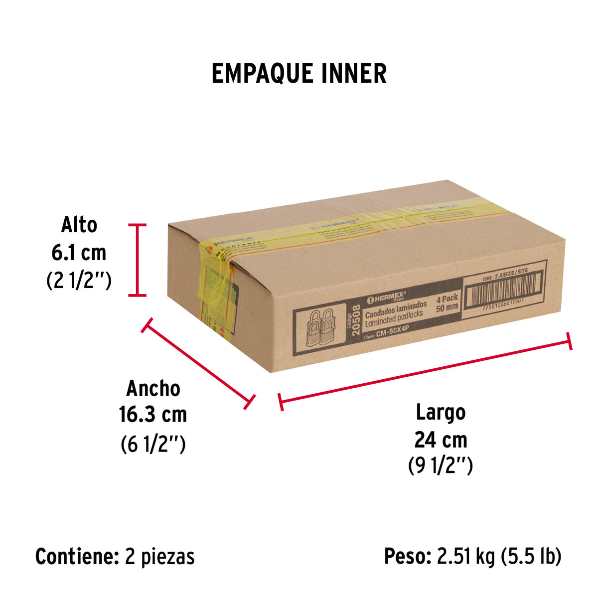 Candados laminados, 50mm, blister 4 piezas, Hermex Basic