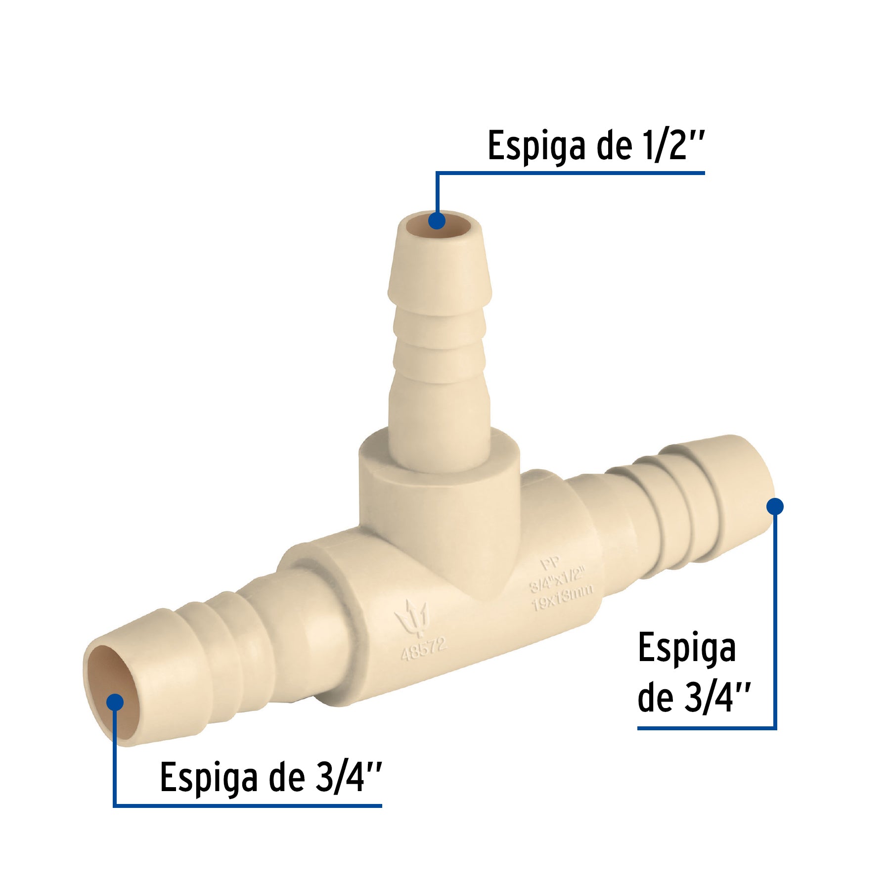 Tee inserción reducción de pilopropileno, 3/4" x 1/2"