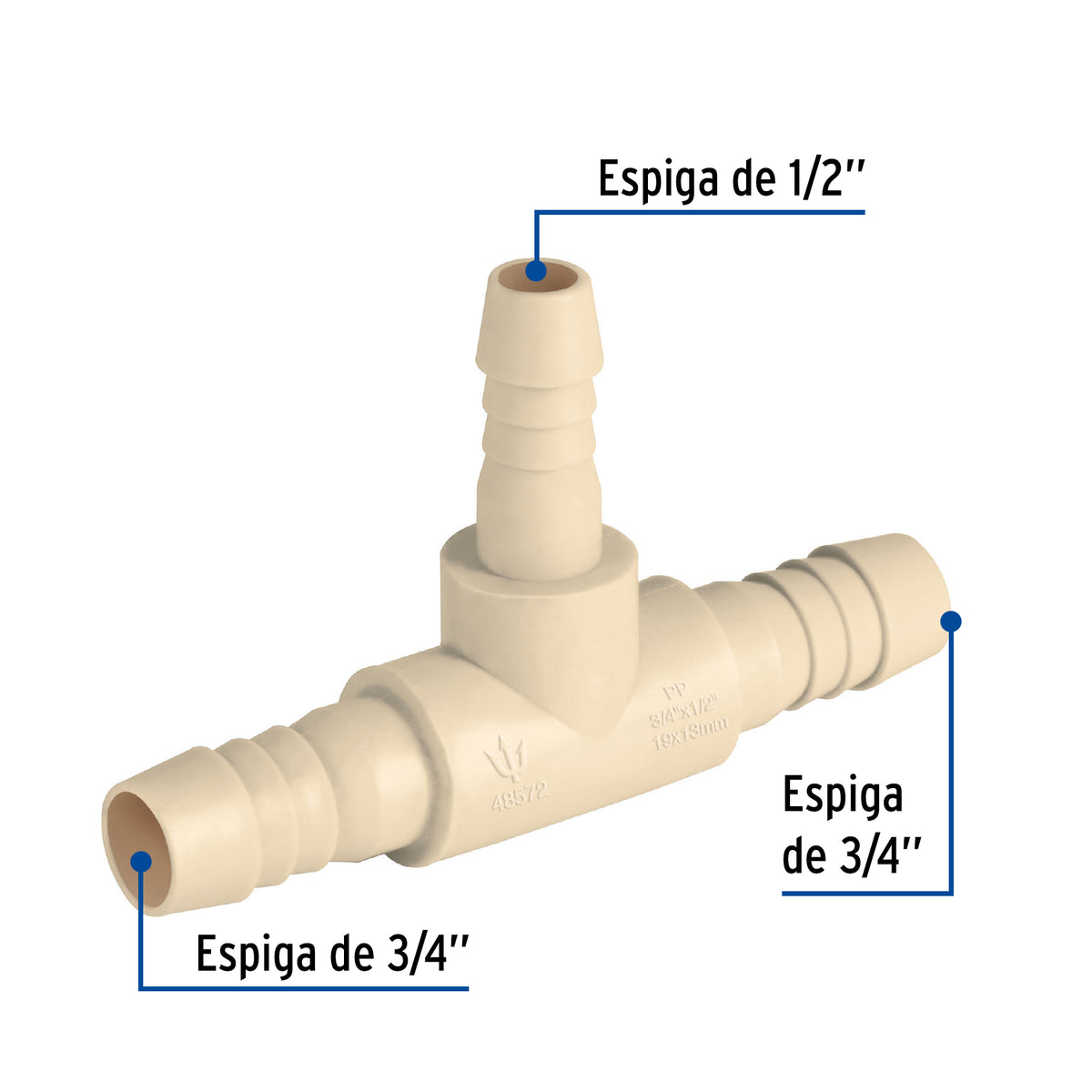 Tee inserción reducción de pilopropileno, 3/4" x 1/2"