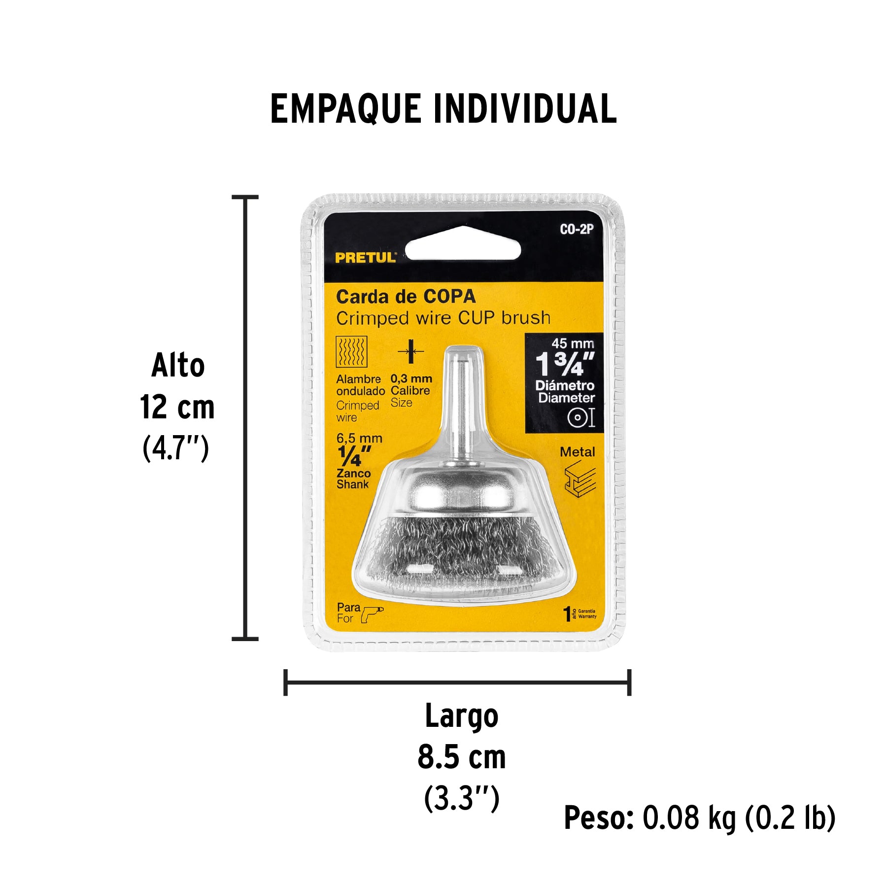 Carda de copa, alambre trenzado grueso, 2" p/taladro, Pretul