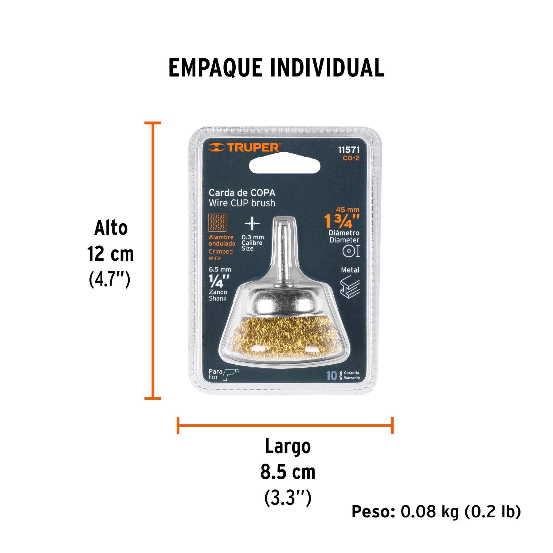 Carda de copa, alambre grueso, 1-3/4" para taladro